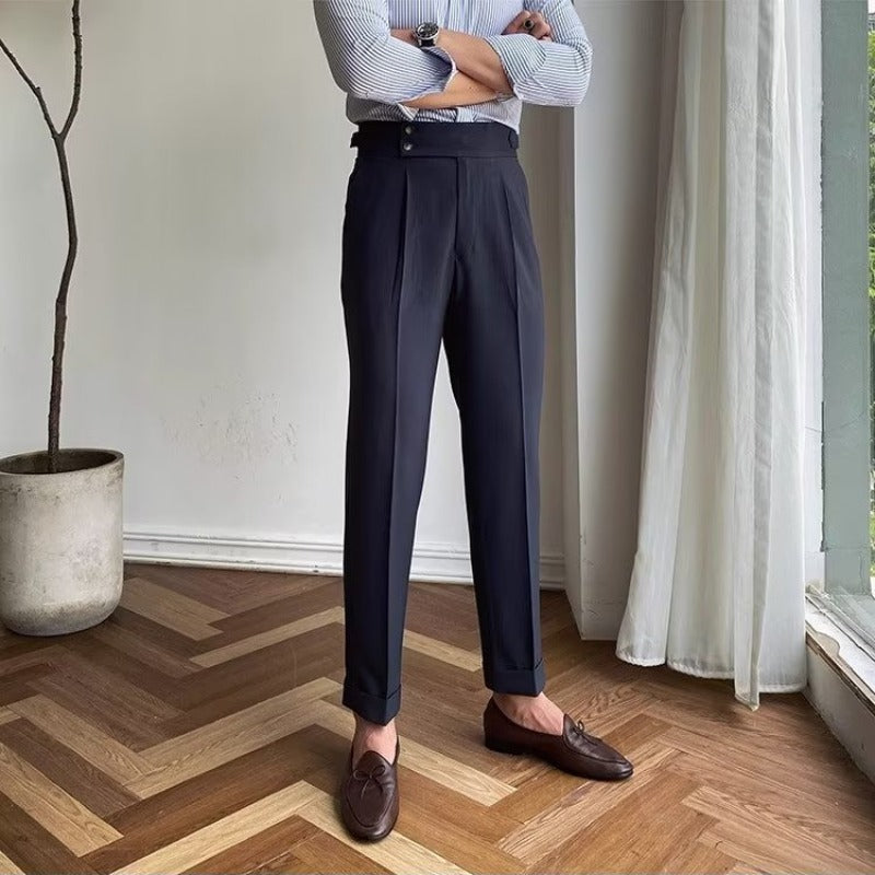 Heren Tailored Broek Hoog Taille Geplooide Voorkant Cuffed Hem 3