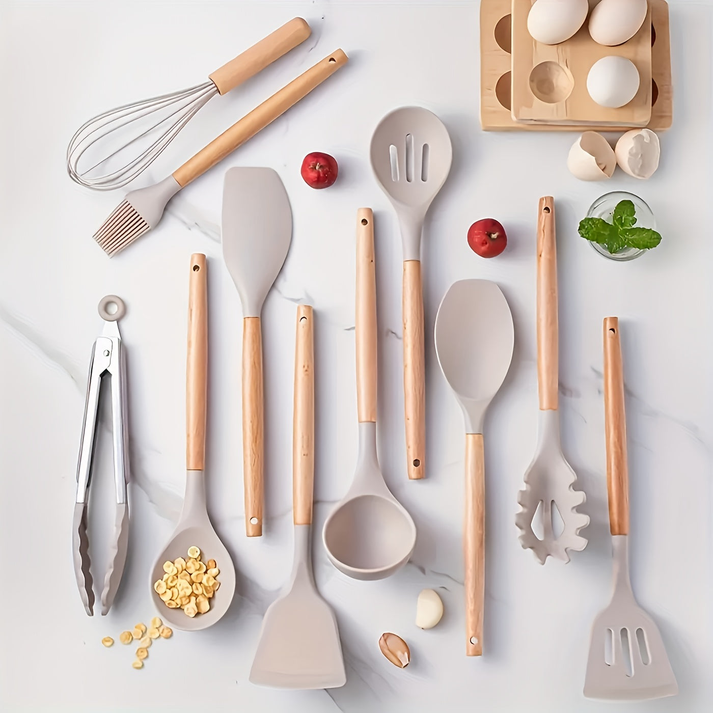 Keukengereiset 12-delig voor Koken met Houten Handgrepen en Antikleef Eigenschappen 1