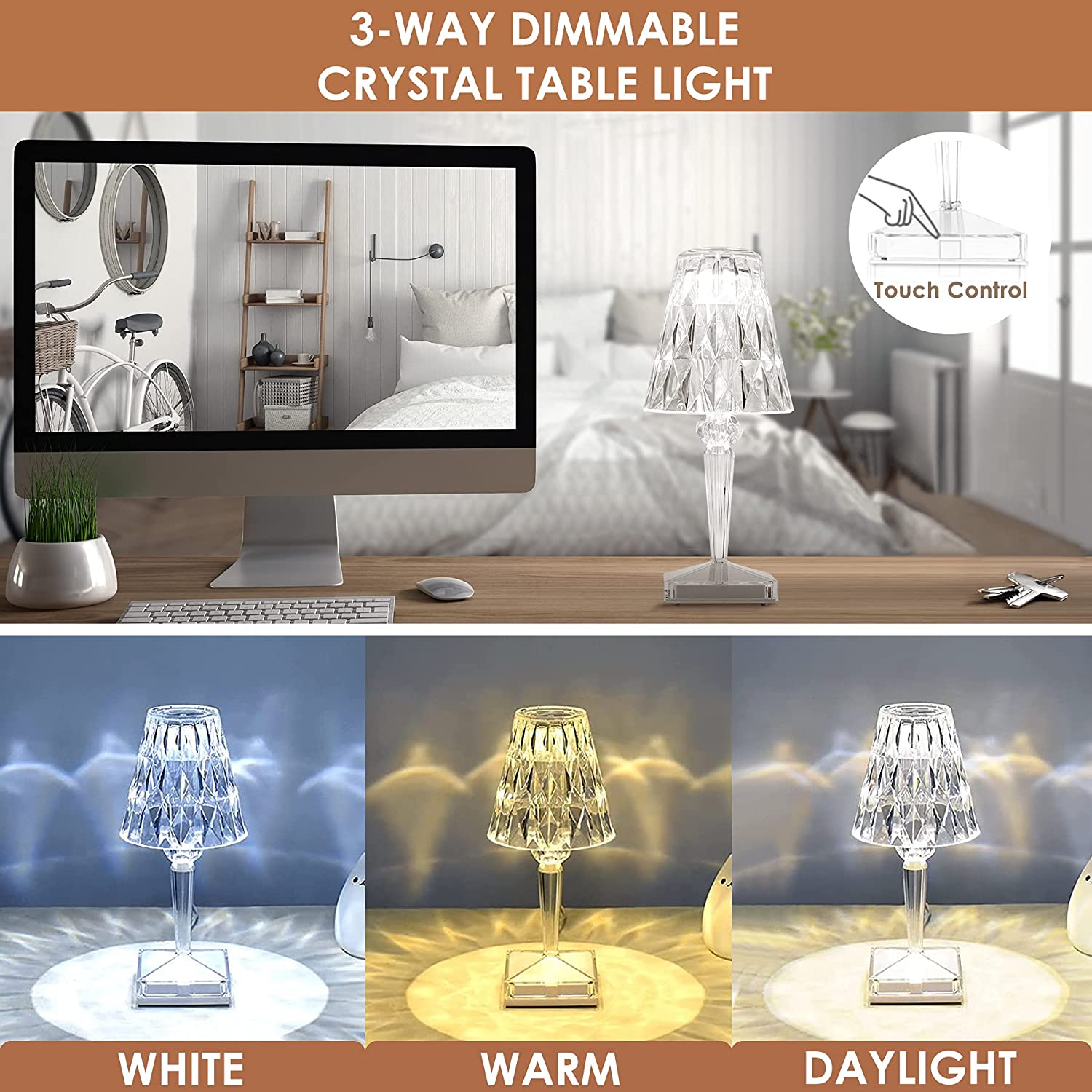 Oplaadbare Tafellamp Diamant Design Draadloos Met Aanpasbare Lichttonen 3
