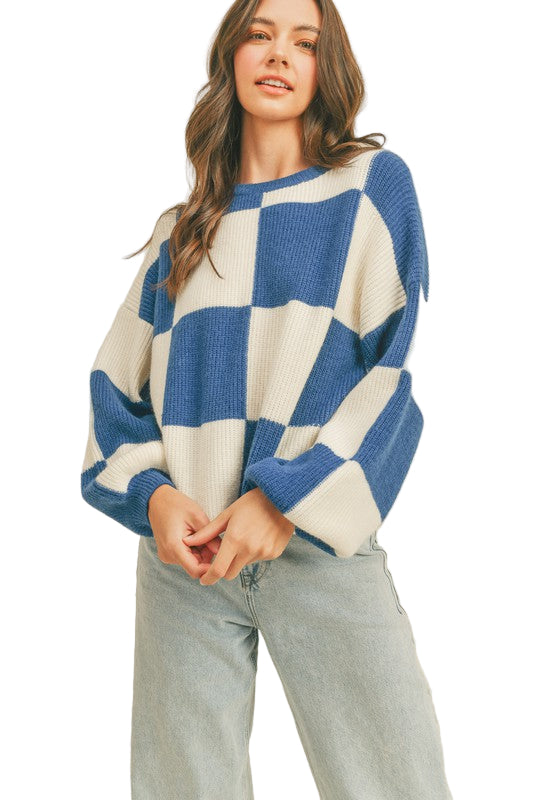 Oversized Pullover Ruitpatroon Kobalt 0