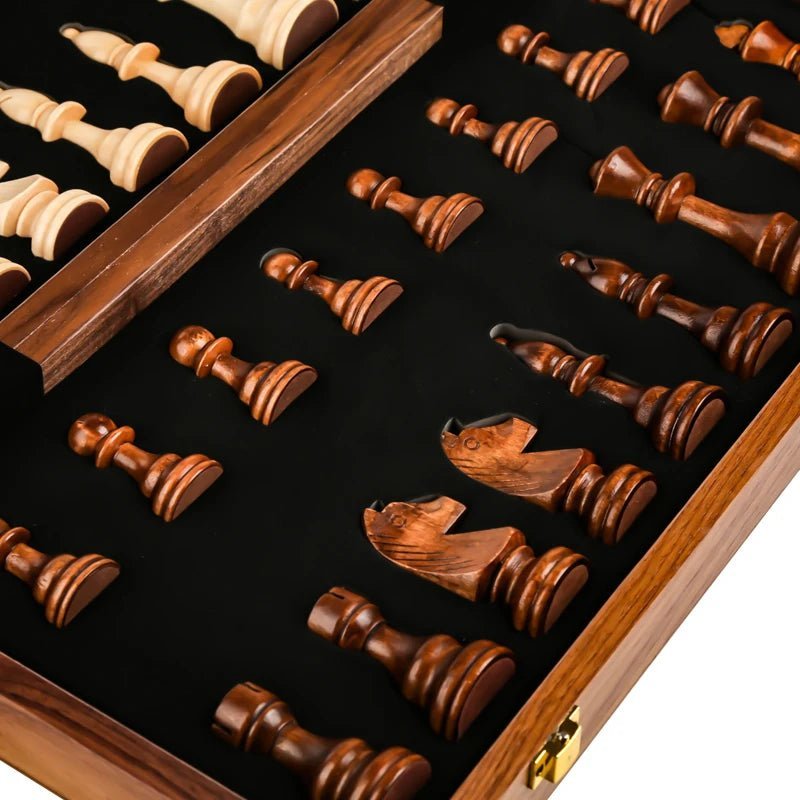 Schaakspel Opvouwbaar Met Houten Bord En Handgemaakte Schaakstukken 7