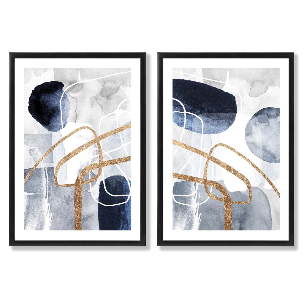 Set van 2 Abstracte Kunstafdrukken Blauw en Goud voor Wanddecoratie 0