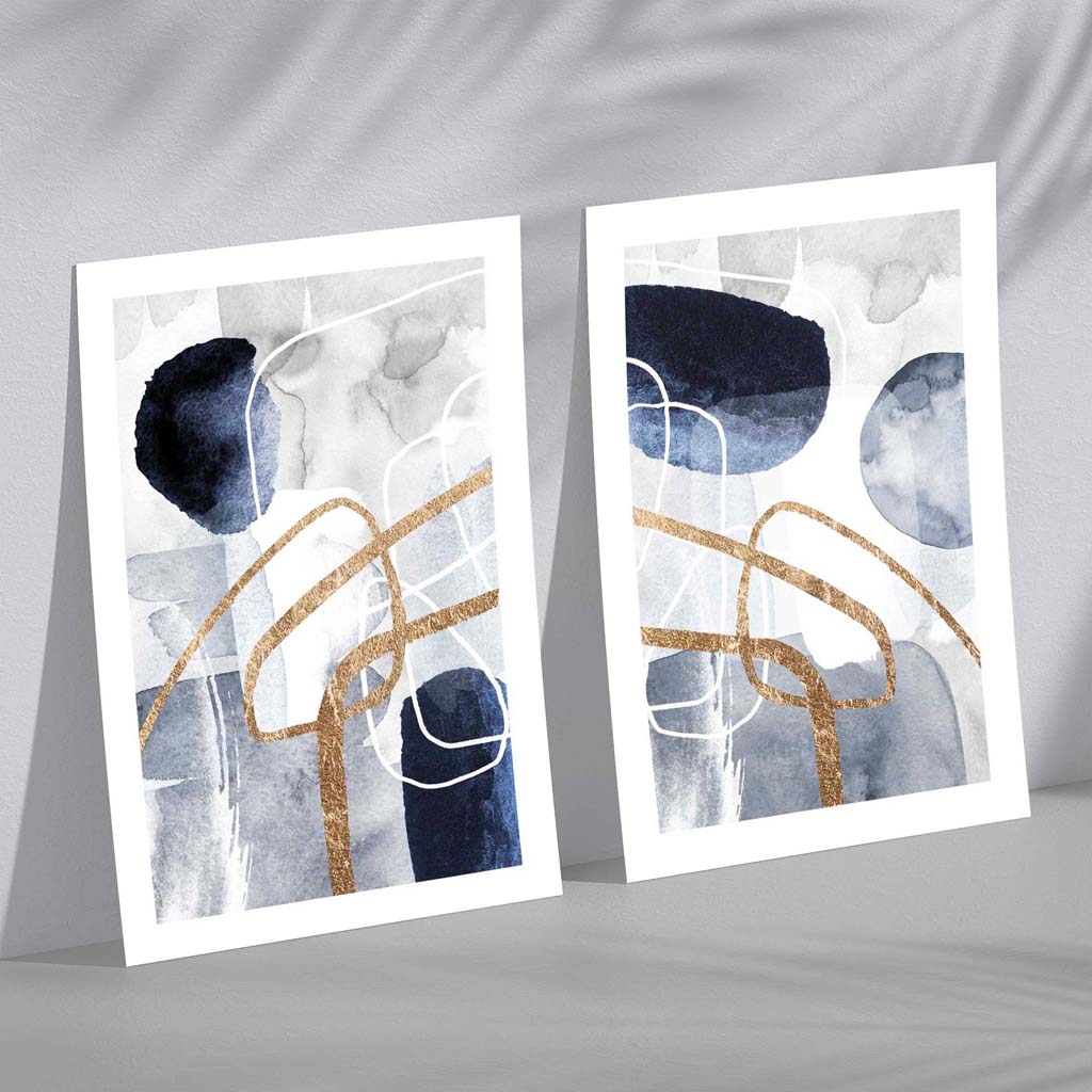 Set van 2 Abstracte Kunstafdrukken Blauw en Goud voor Wanddecoratie 2
