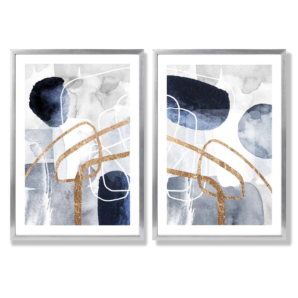 Set van 2 Abstracte Kunstafdrukken Blauw en Goud voor Wanddecoratie 9