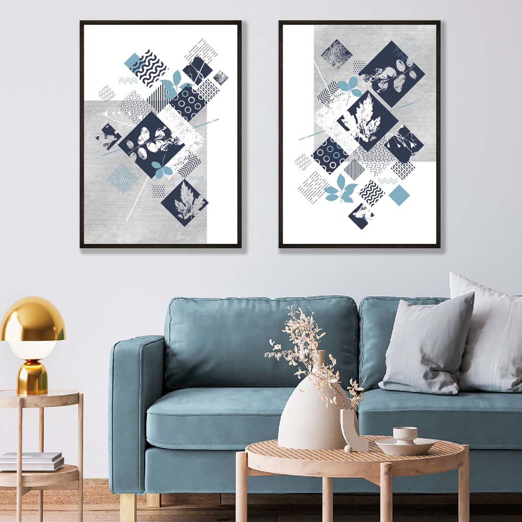 Set van 2 Bloemenprints voor Interieurdecoratie in Blauw en Grijs 1