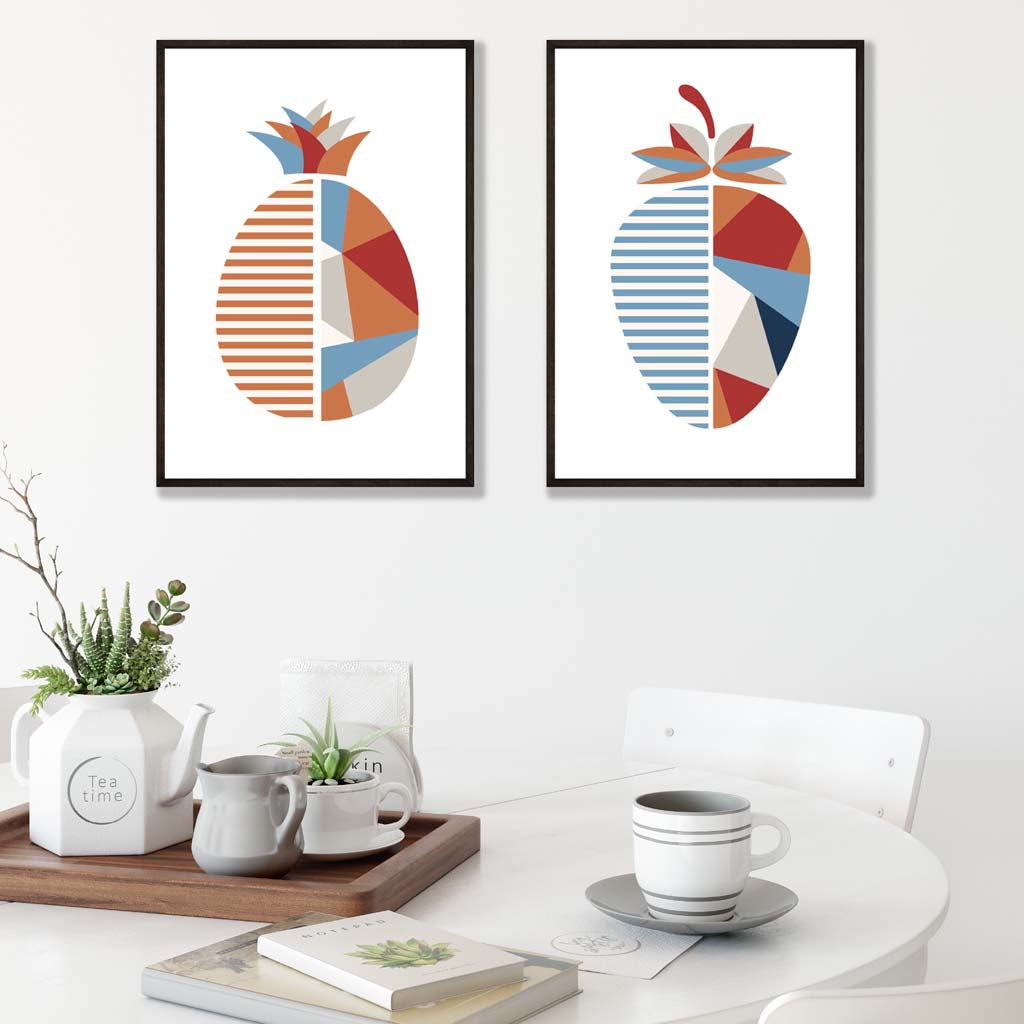 Set van 2 Geometrische Kunstprints Aardbeien in Blauw en Oranje 1
