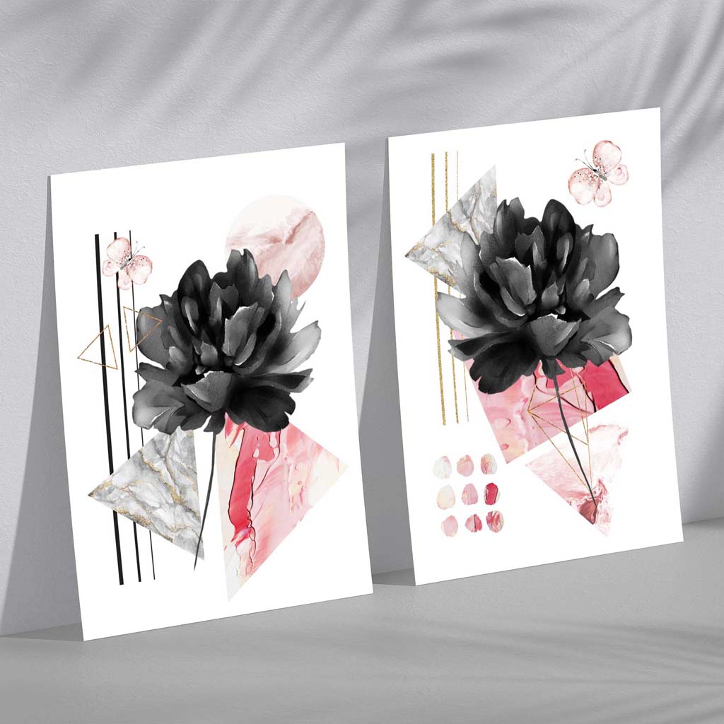 Set van 2 Moderne Kunstprints Bloemen in Zwart en Roze voor Thuis Decoratie 2