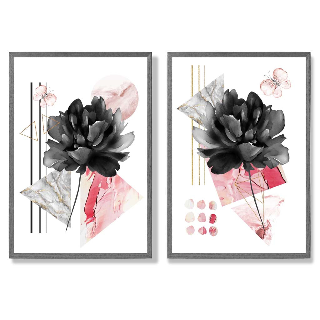 Set van 2 Moderne Kunstprints Bloemen in Zwart en Roze voor Thuis Decoratie 4