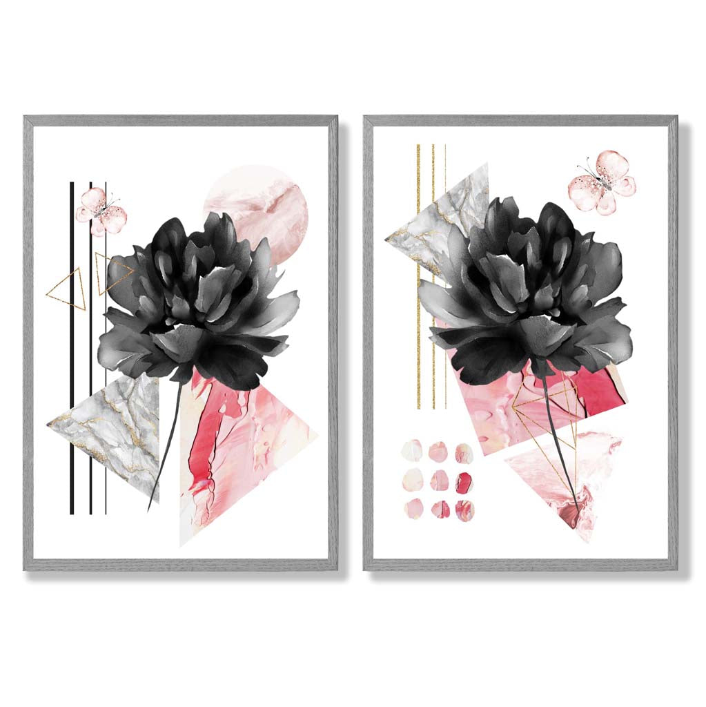 Set van 2 Moderne Kunstprints Bloemen in Zwart en Roze voor Thuis Decoratie 5