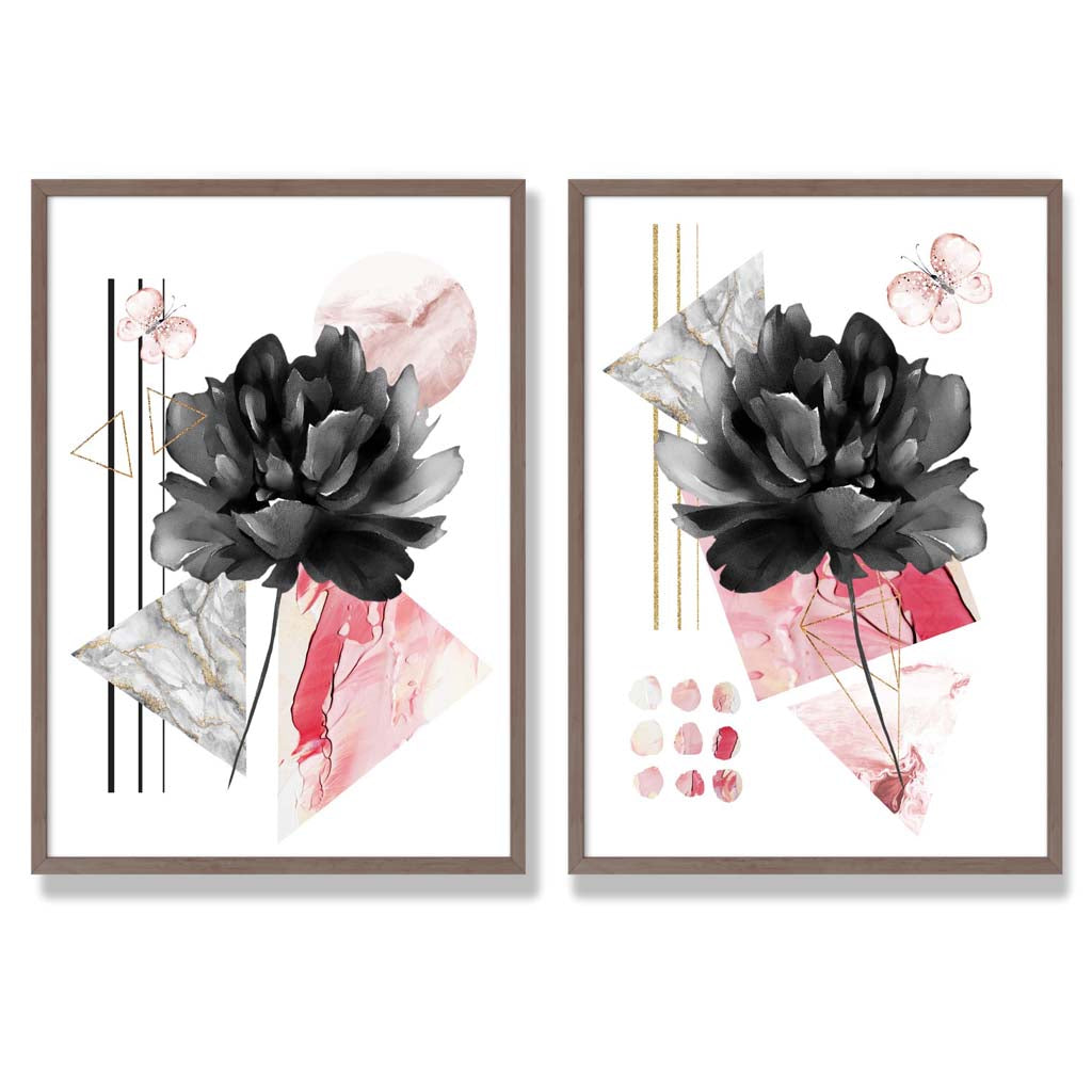 Set van 2 Moderne Kunstprints Bloemen in Zwart en Roze voor Thuis Decoratie 7