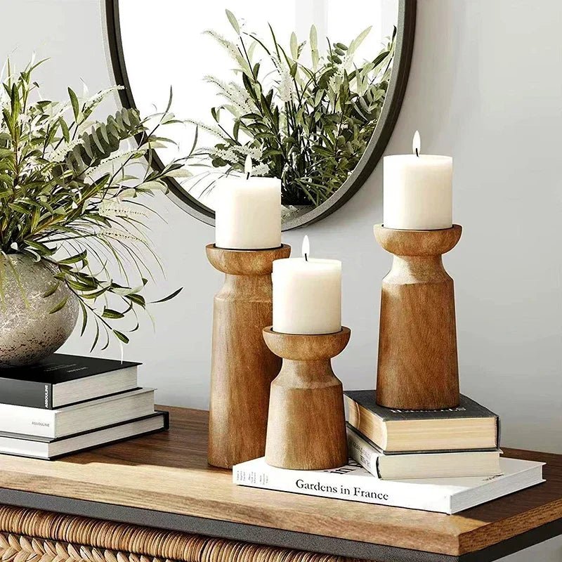 Set van 3 Houten Kandelaars Retro Stijl voor Gezellige Decoratie 0