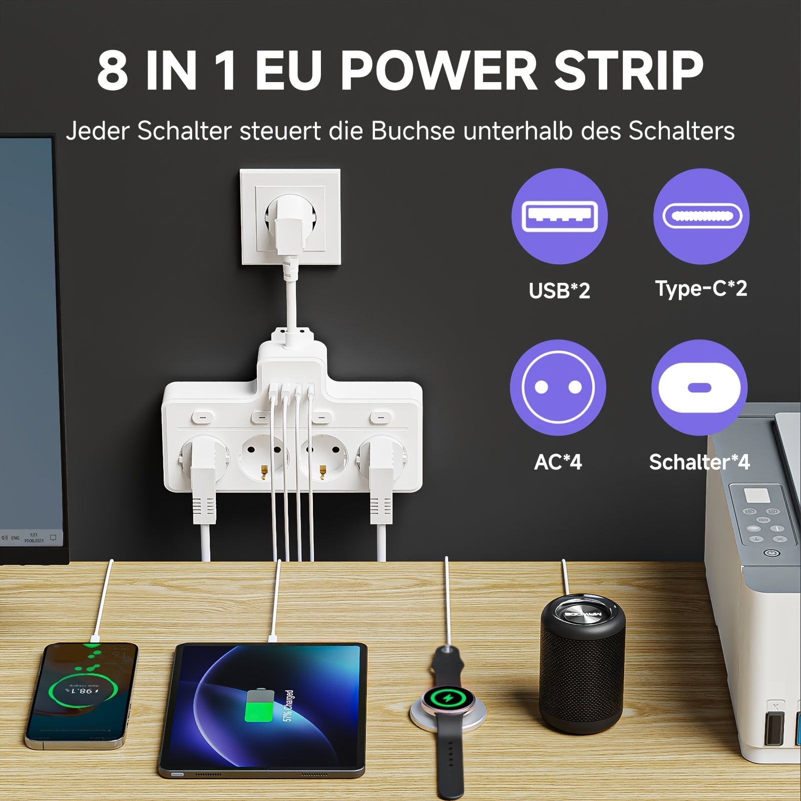 Stekkerdoos Met USB 7-in-1 Voor Thuis En Kantoor Met 4 AC-aansluitingen En Type-C Lader 1