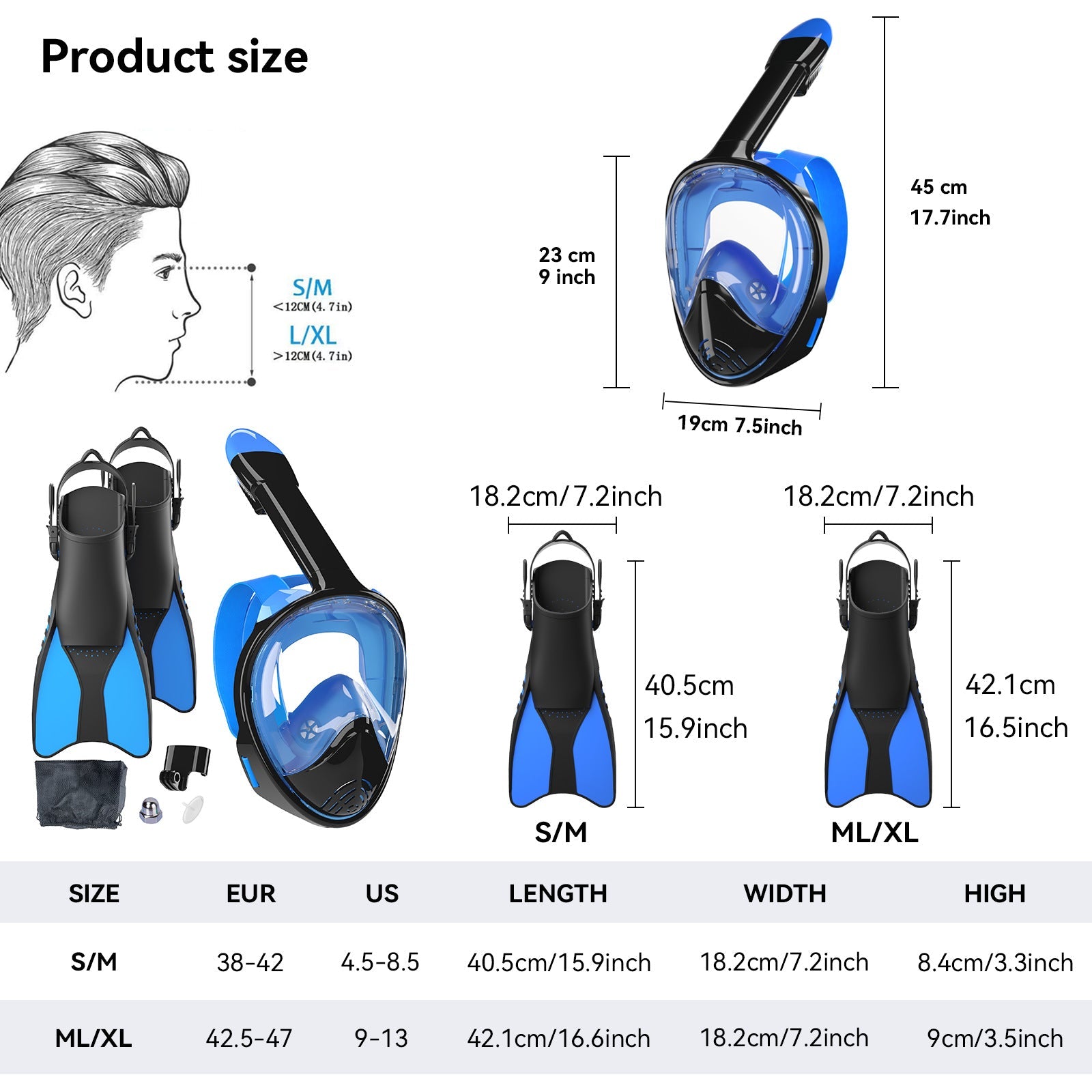 Unisex Snorkelset Volgelaatsmasker en Vinnen 2