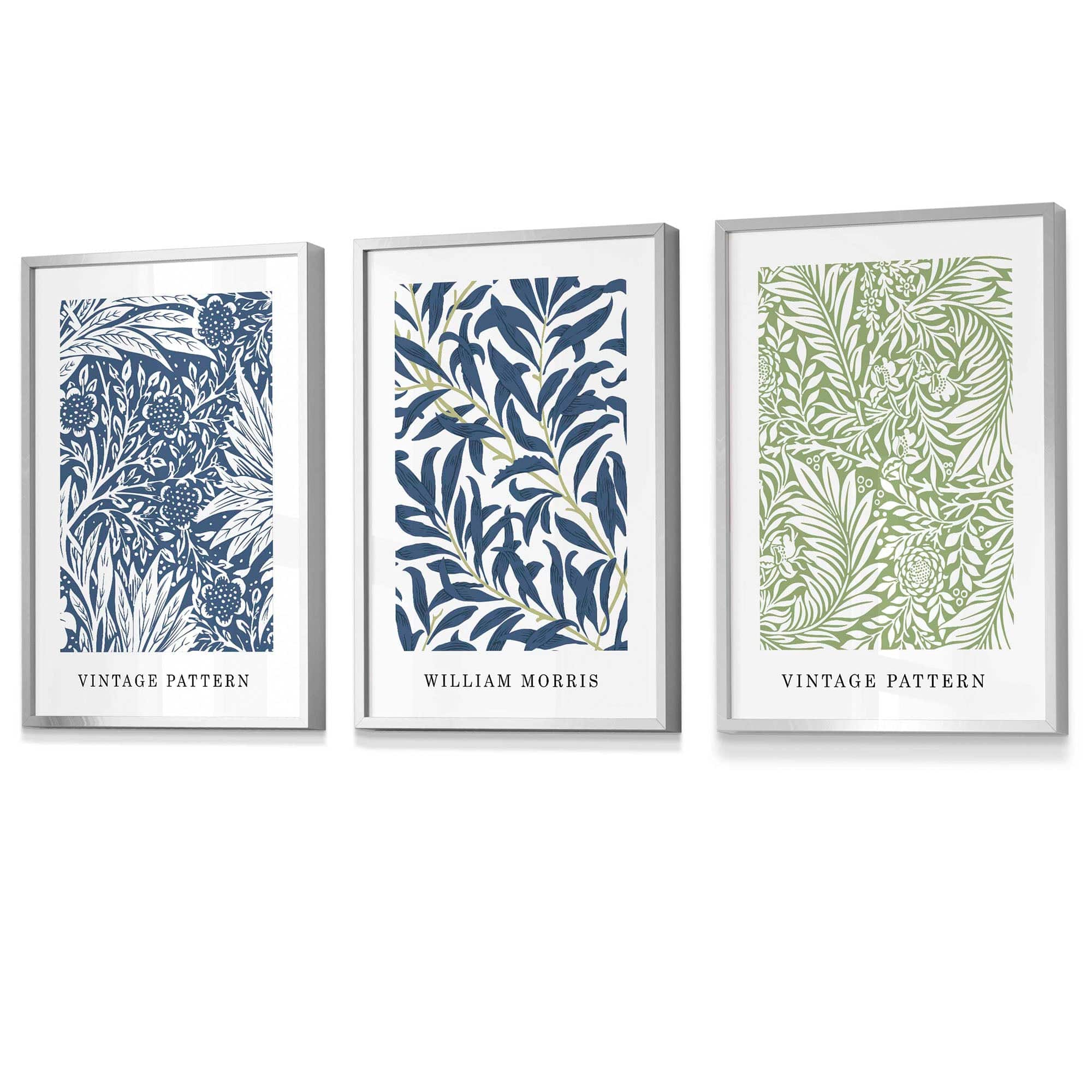 Vintage Muurkunst Set met Bloemenprints in Blauw en Groen 1