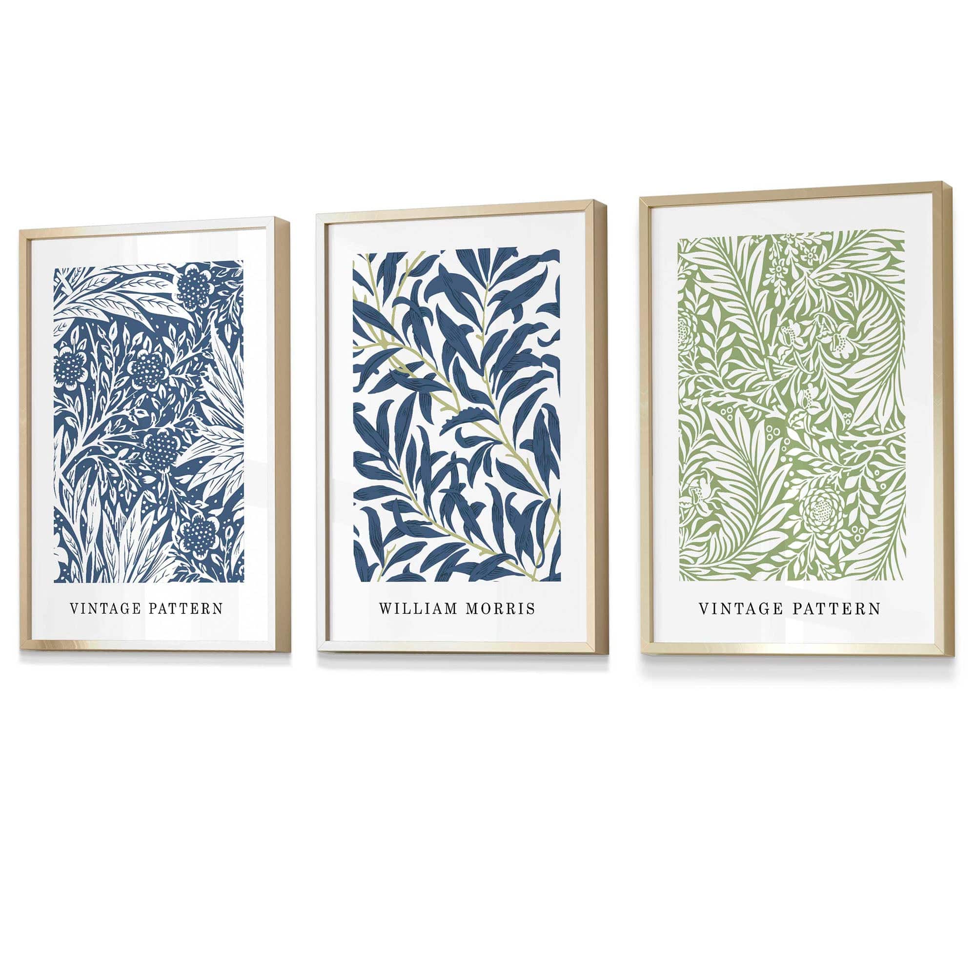 Vintage Muurkunst Set met Bloemenprints in Blauw en Groen 2