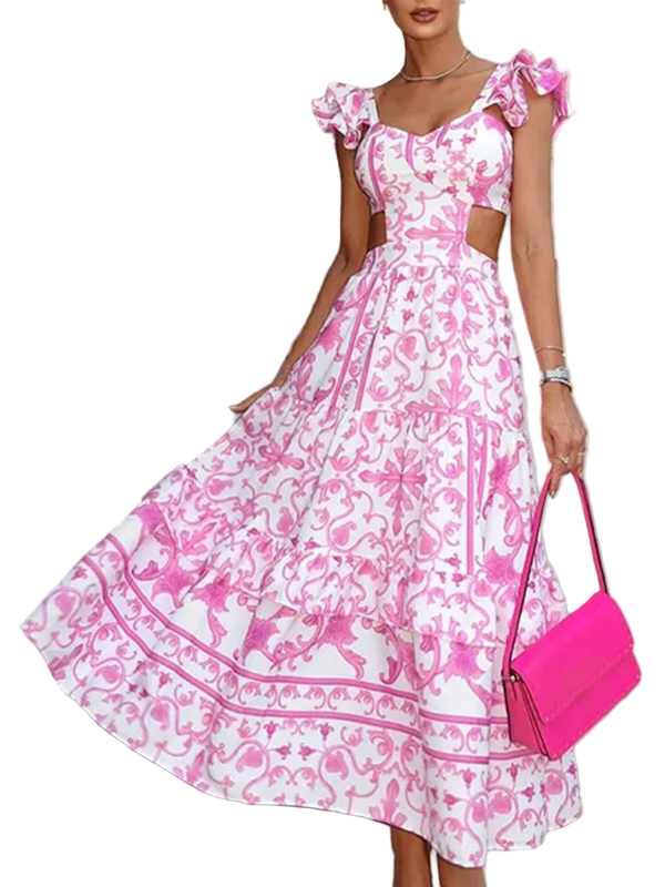 Vrouwen Floral Print Hollow Dress Romantische Stijl 0