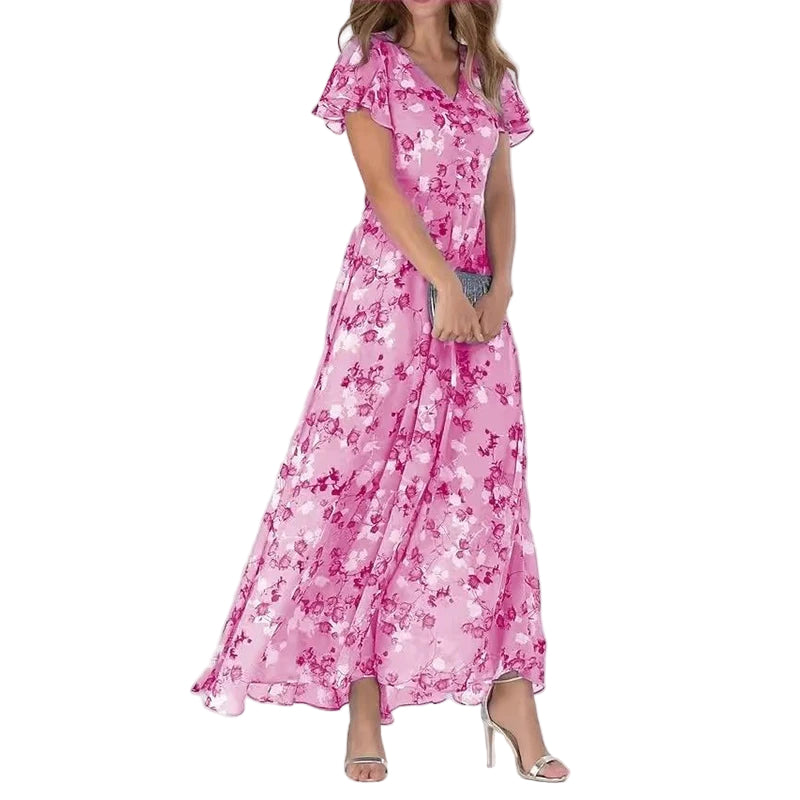 Vrouwen Maxi Jurk Bloemenprint V-Hals Korte Mouwen 0