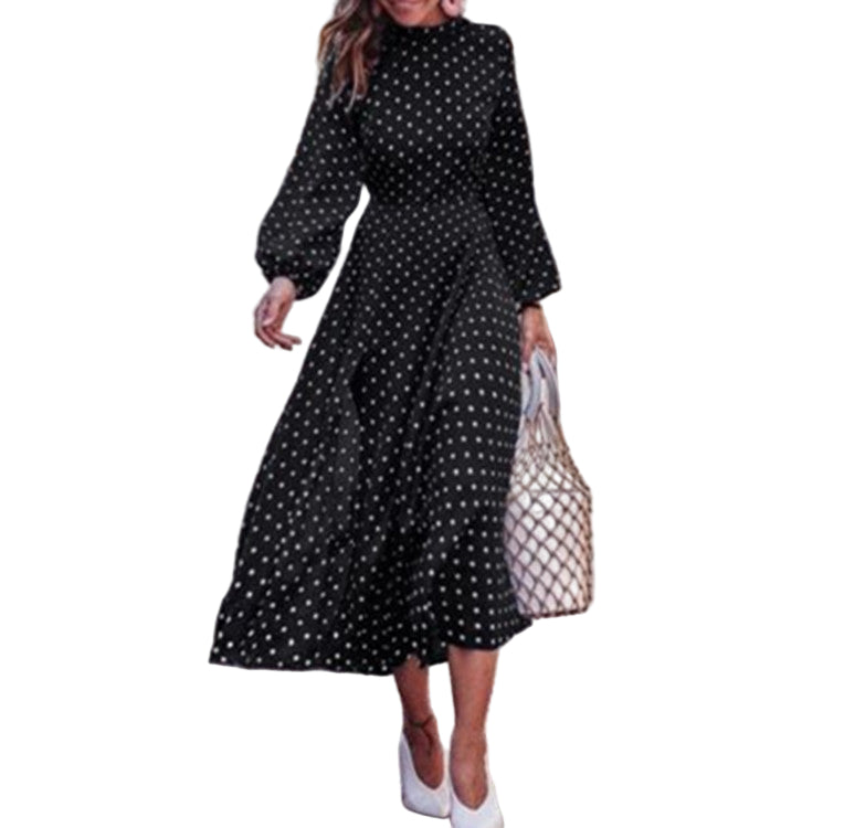 Vrouwen Maxi Jurk Polka Dot Lange Mouwen 0