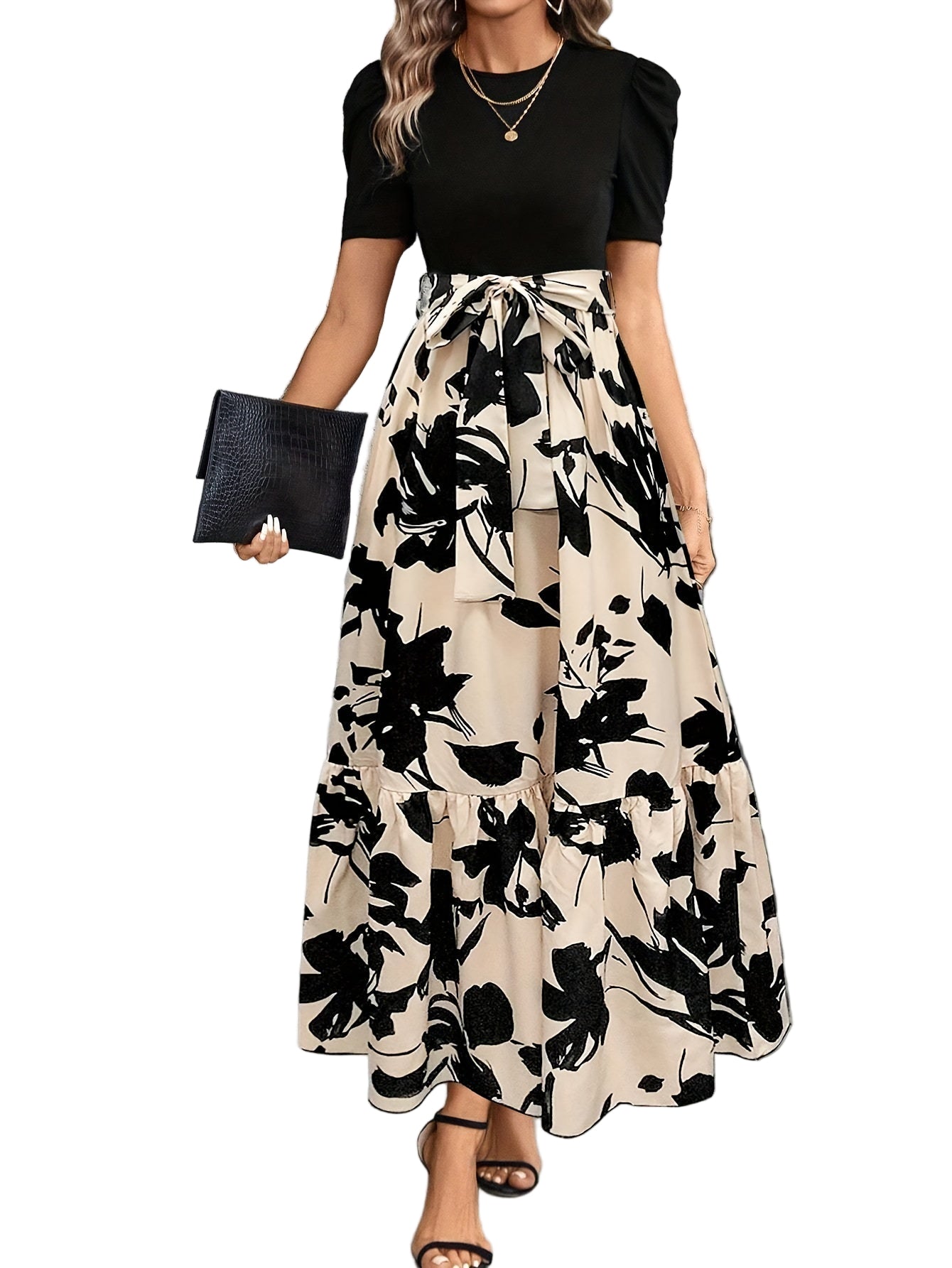 Vrouwen Maxi Jurk Puff Korte Mouwen Tailleband A-Lijn Bloemenprint 0