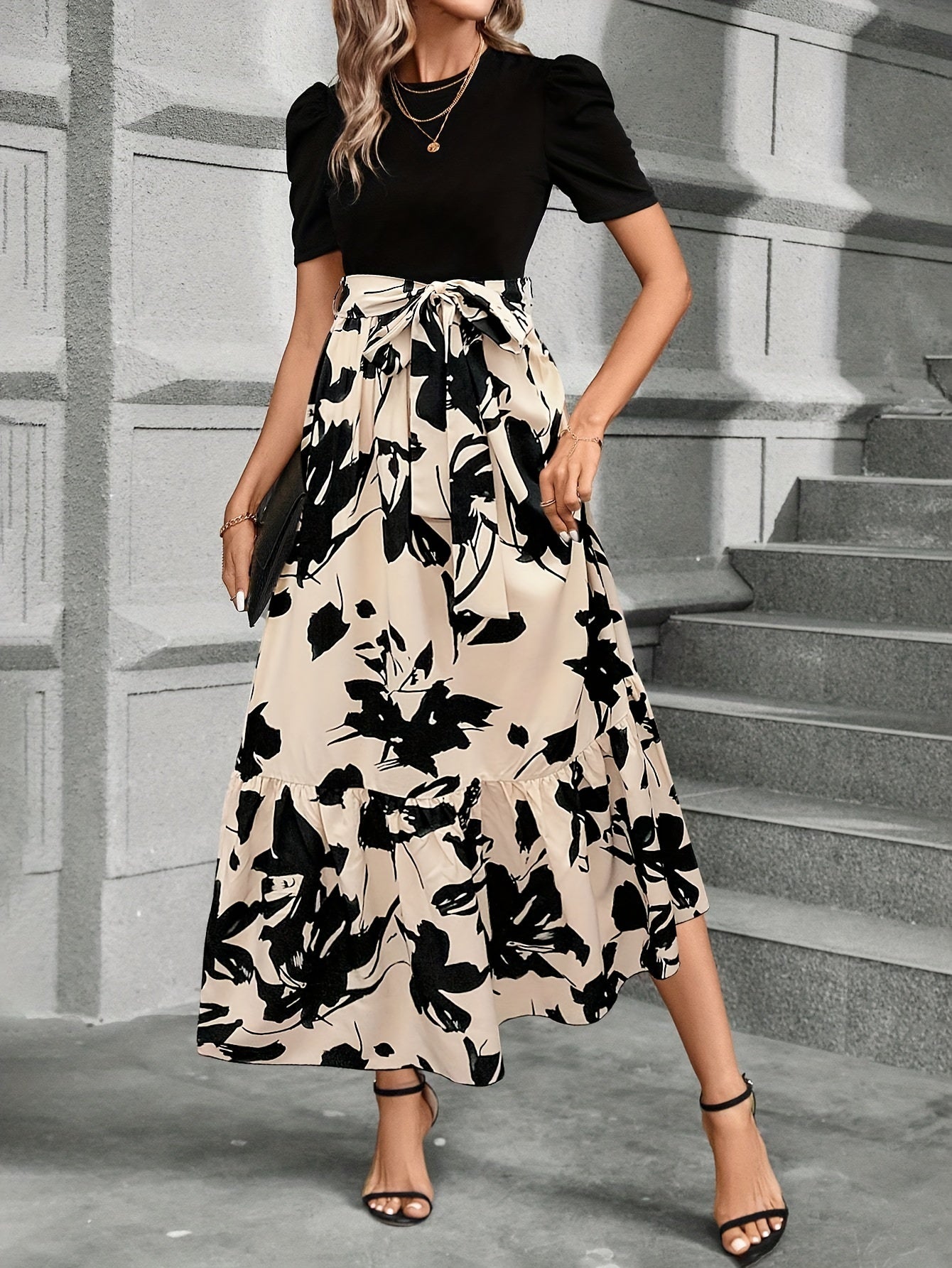 Vrouwen Maxi Jurk Puff Korte Mouwen Tailleband A-Lijn Bloemenprint 2