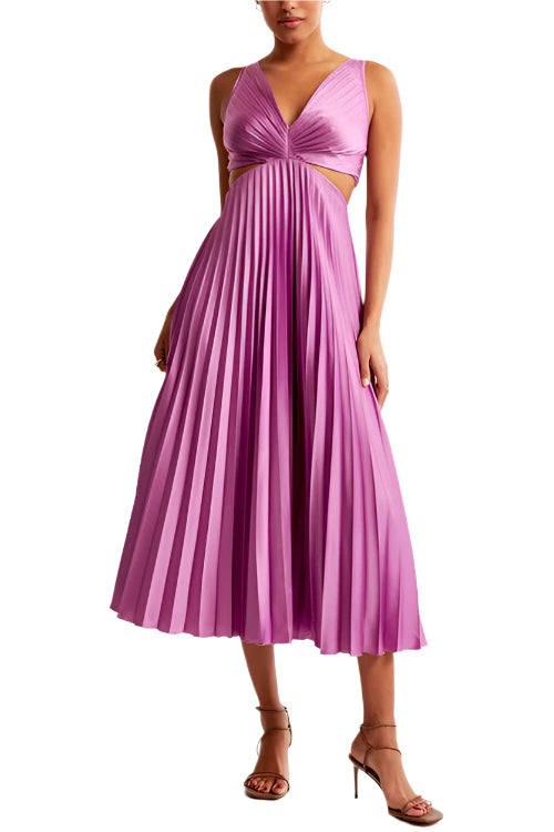 Vrouwen Maxi Jurk V-Hals Cut Out Taille Zonder Mouwen Geplooid 0