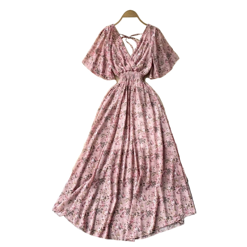 Vrouwen Maxi Jurk V-Hals Gekruiste Taille Korte Mouwen 0