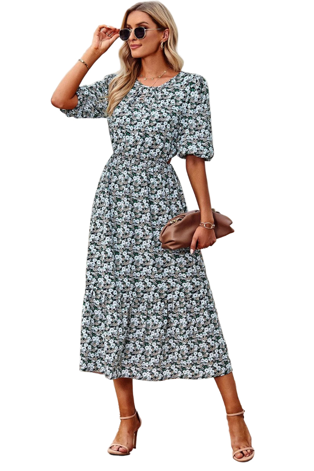 Vrouwen Midi Jurk Met Bloemenprint En Puff Mouwen 0