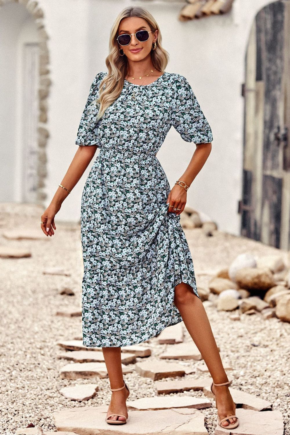 Vrouwen Midi Jurk Met Bloemenprint En Puff Mouwen 3