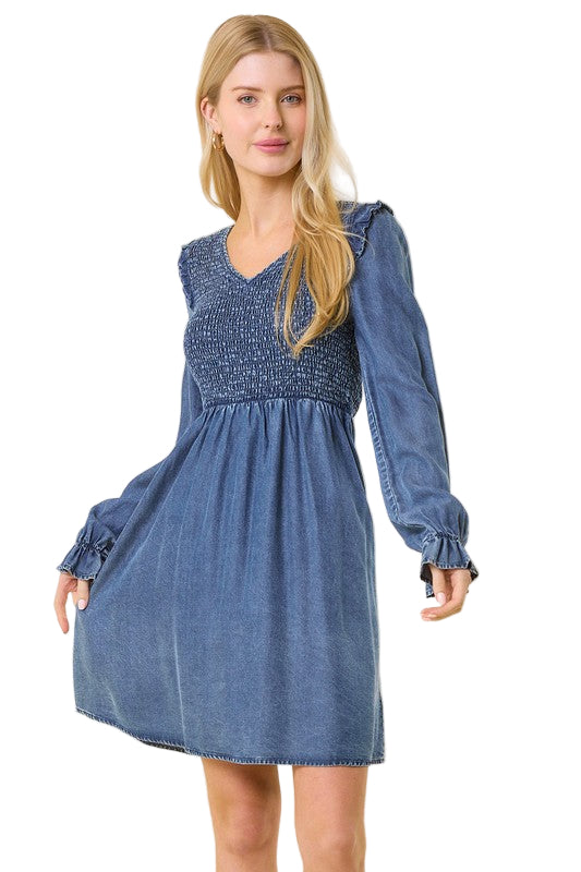 Vrouwen Mini Jurk V-Hals Gerimpeld Denim 0
