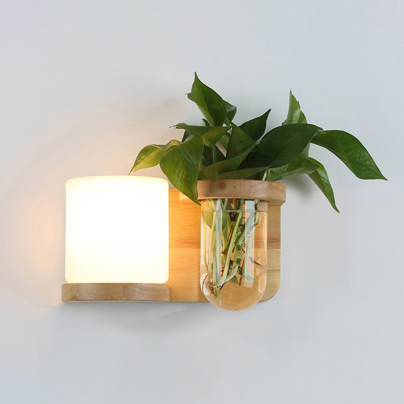 Wandlamp met Glazen Schaduw en Houten Basis 0
