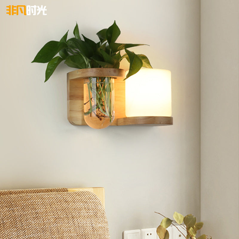 Wandlamp met Glazen Schaduw en Houten Basis 5