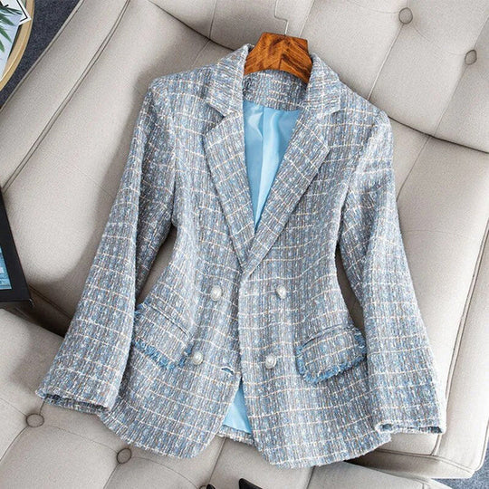 Zwarte Dames Blazer Dubbelgeknoopt in Tailored Fit van Luxe Tweed Stof 1