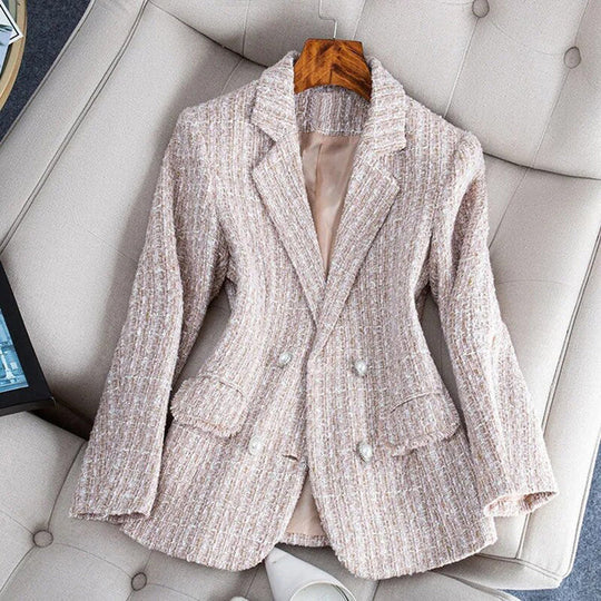 Zwarte Dames Blazer Dubbelgeknoopt in Tailored Fit van Luxe Tweed Stof 2