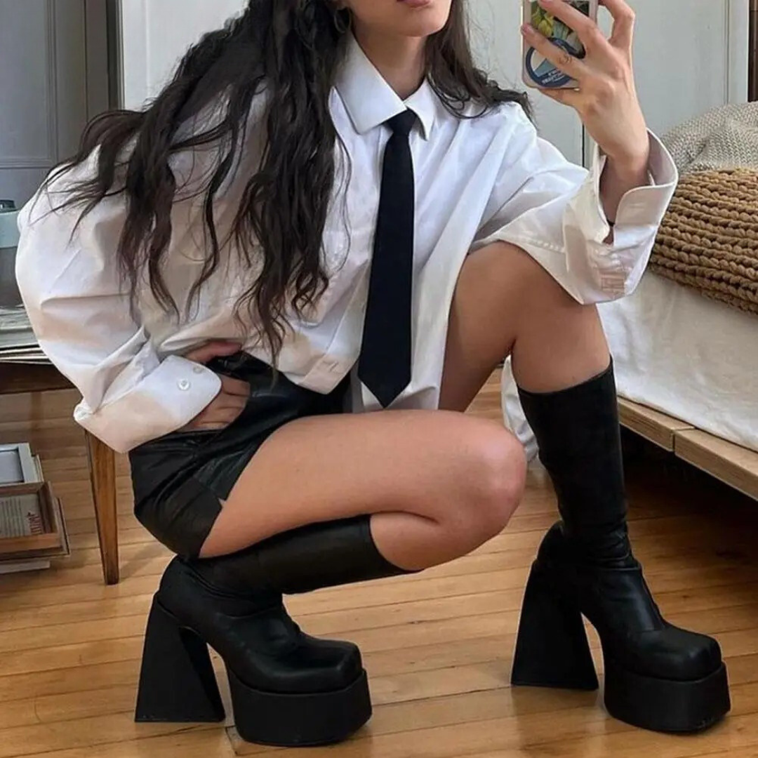 Vrouwen Chunky Heels Leren Laarzen