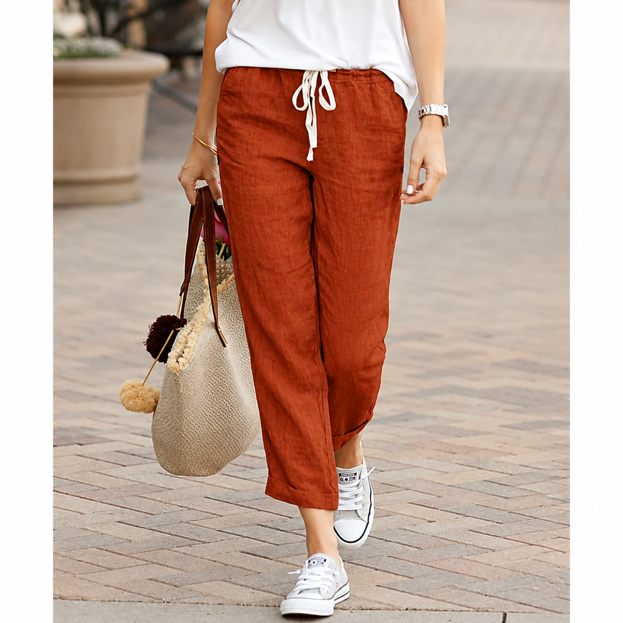 Dames Broek Relaxed Fit Katoen Linnen Mix
