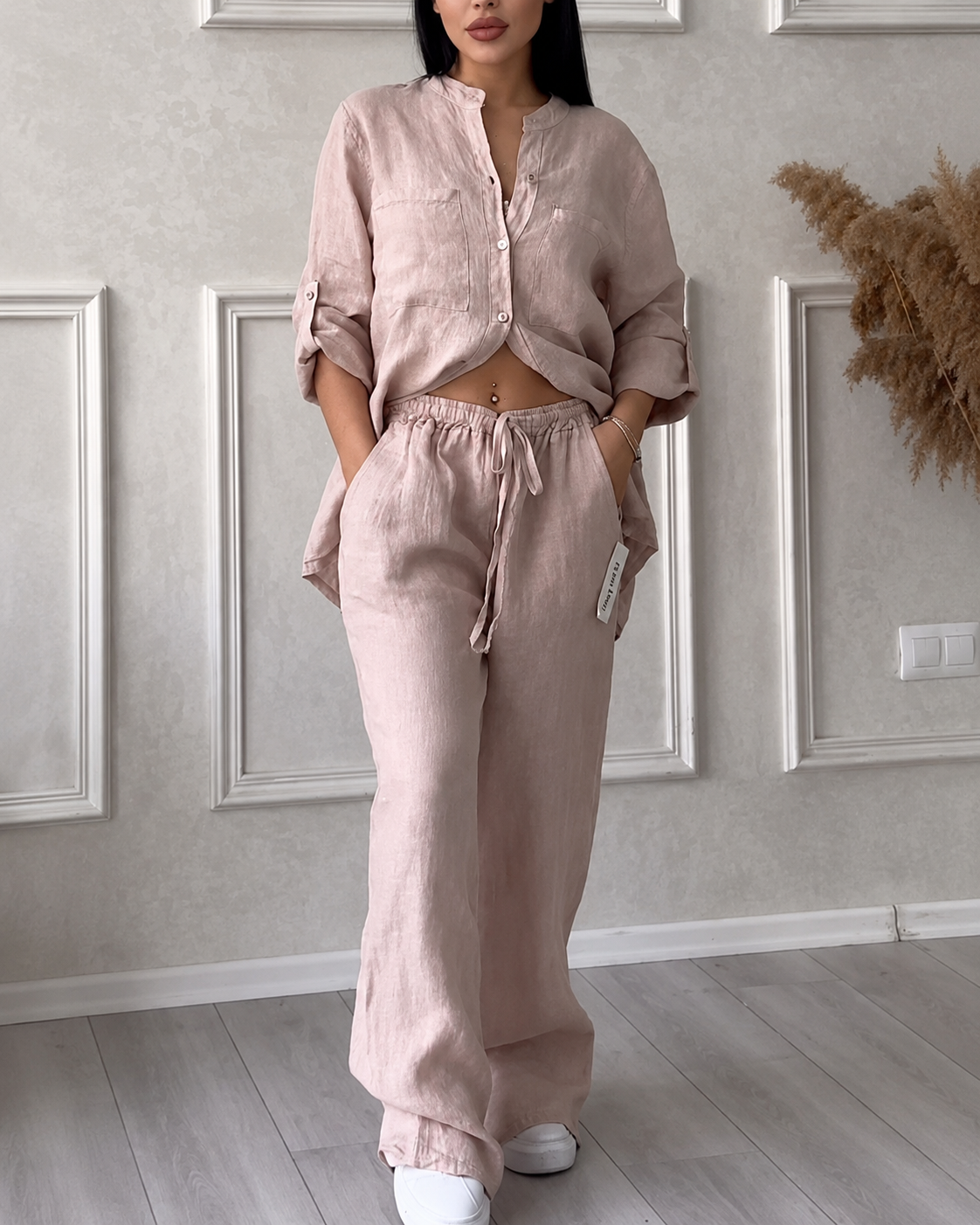 Dames Comfy Two Piece Set Wijde Pijpen En Knoopsluiting