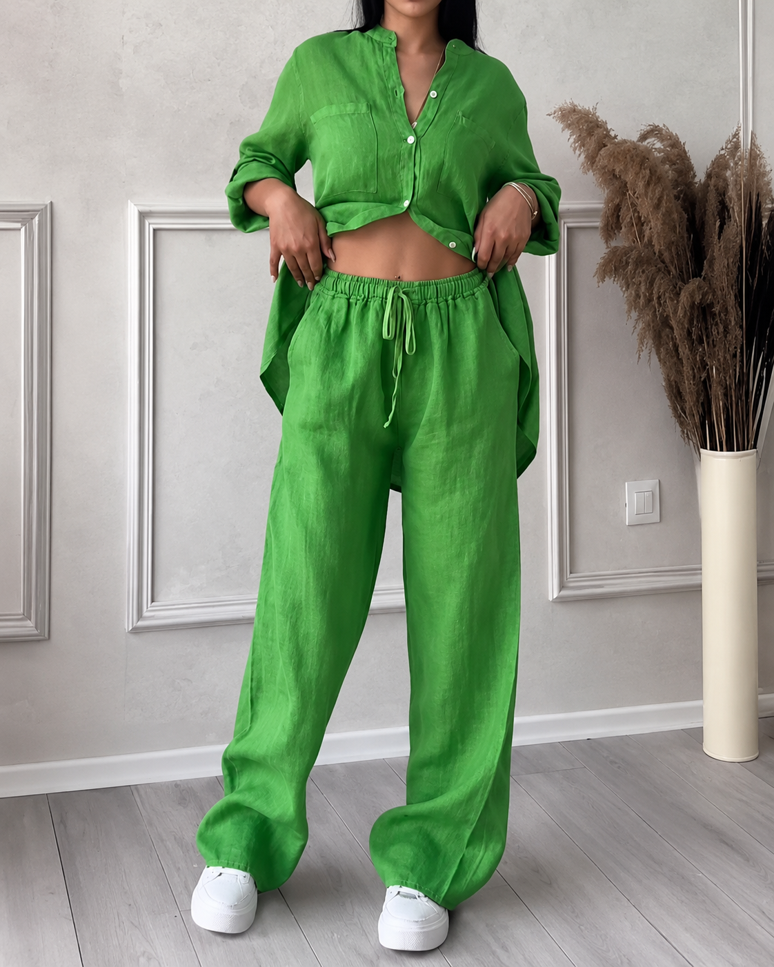 Dames Comfy Two Piece Set Wijde Pijpen En Knoopsluiting