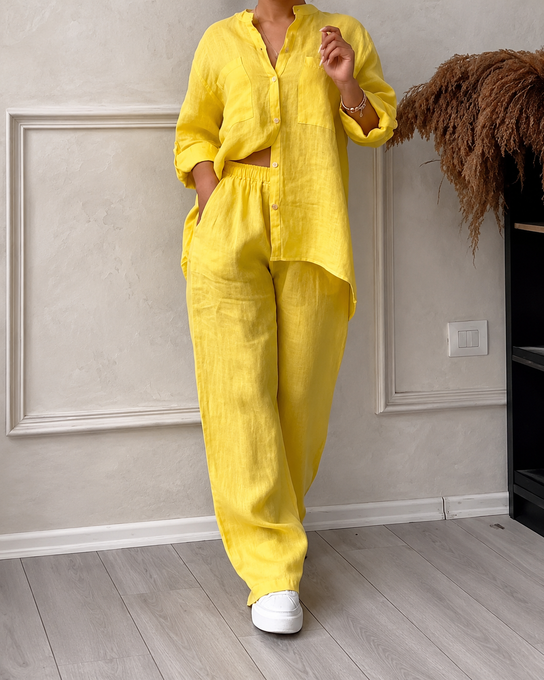 Dames Comfy Two Piece Set Wijde Pijpen En Knoopsluiting