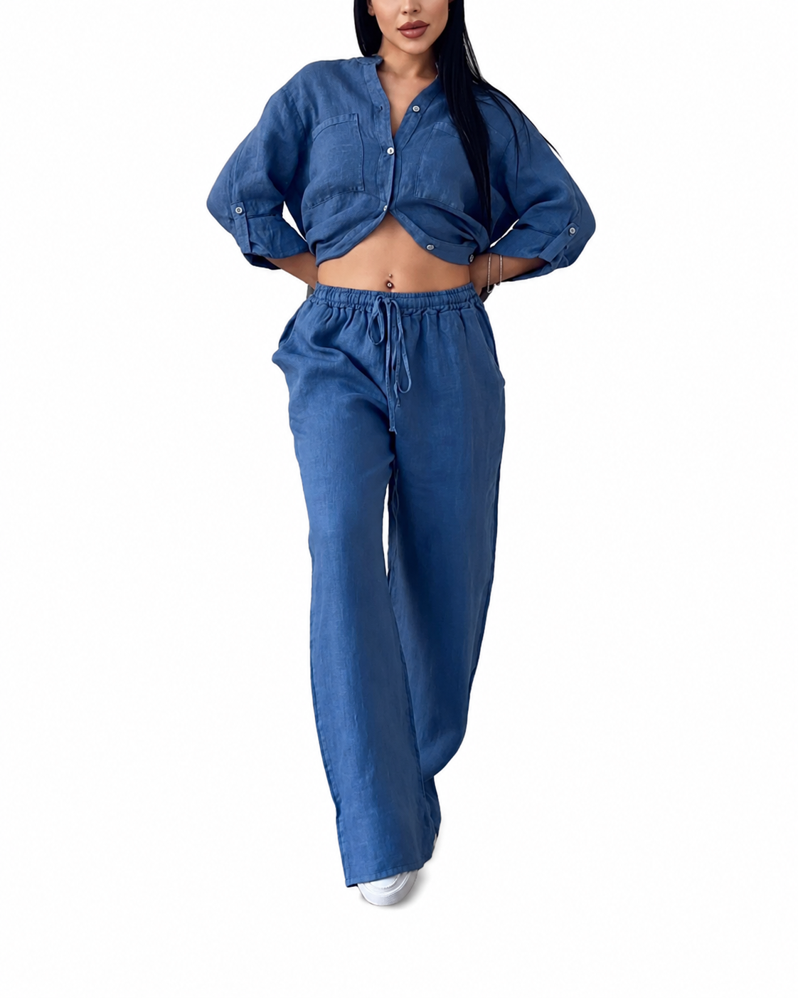 Dames Comfy Two Piece Set Wijde Pijpen En Knoopsluiting