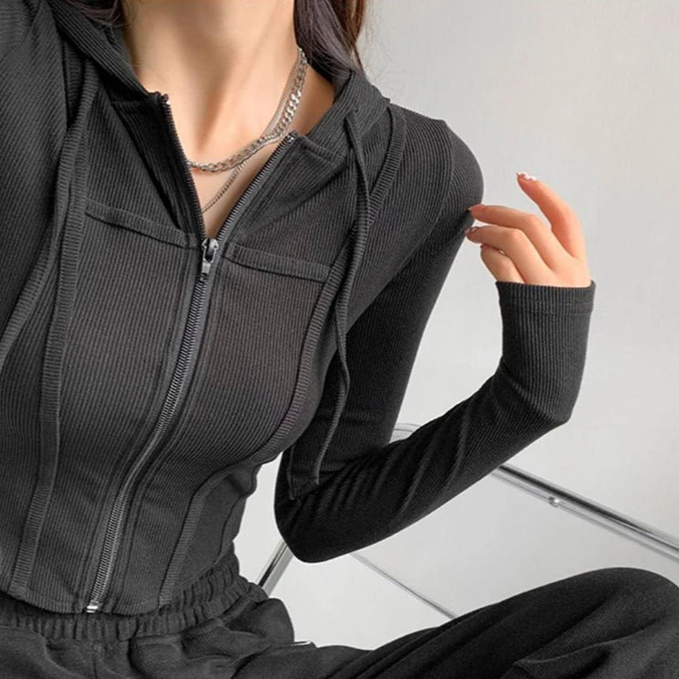 Dames Zip Up Crop Fitted Hoodie