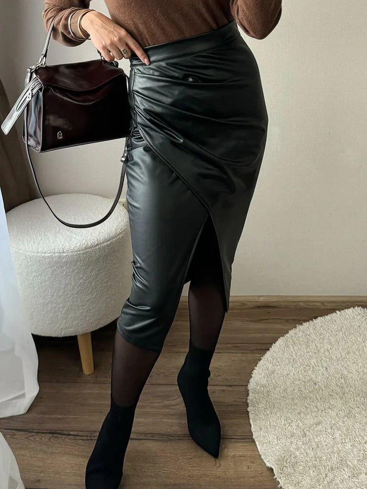 Midi-rok in imitatieleer voor dames