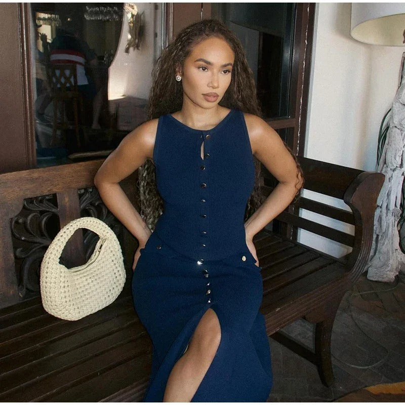 Dames gebreide mouwloze bodycon jurk met knopen