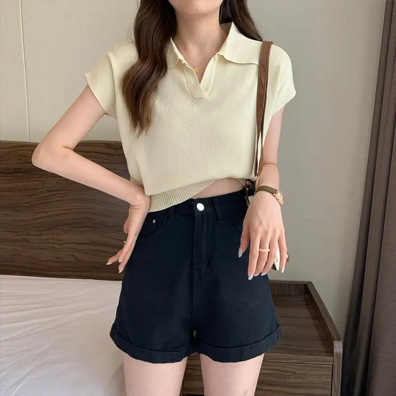 Gebreid damesshirt met korte mouwen