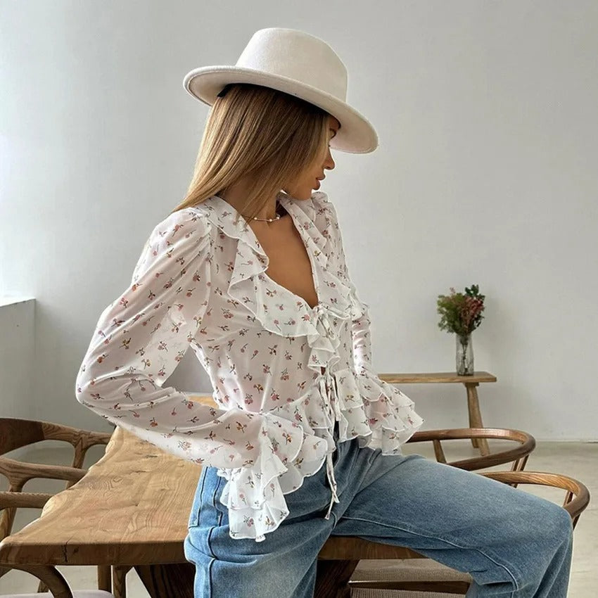 Damesblouse met V-hals en Chiffon print