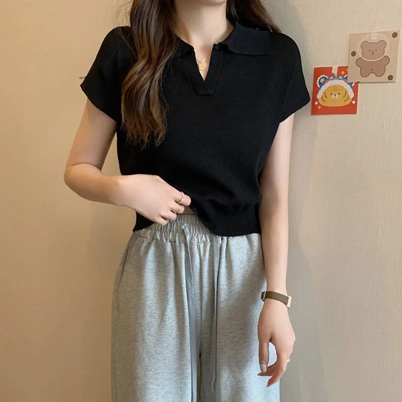 Gebreid damesshirt met korte mouwen