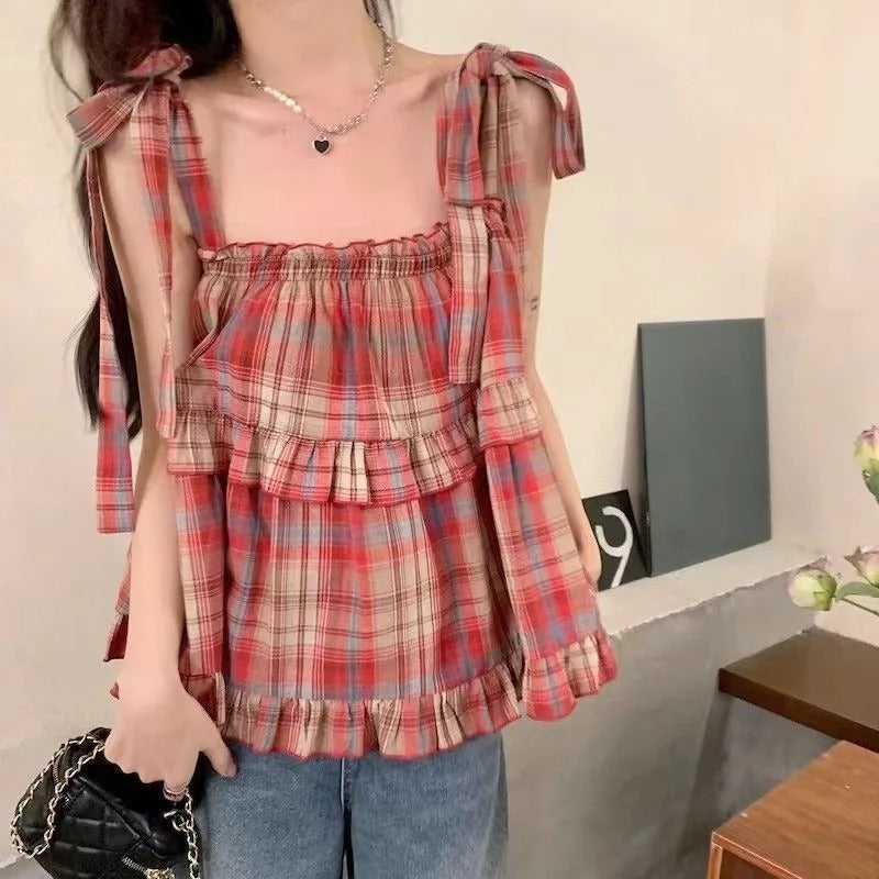 Dames geruite crop tanktop met vetersluiting