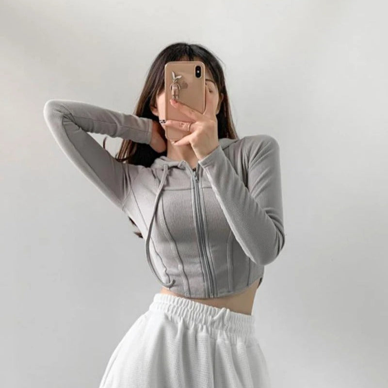 Dames Zip Up Crop Fitted Hoodie