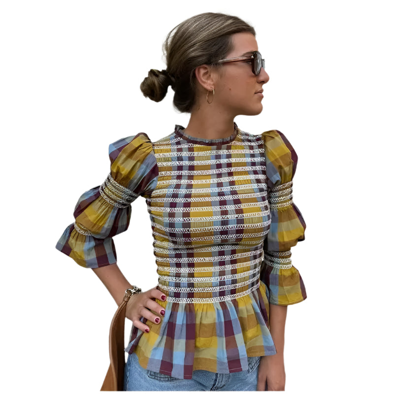 Dames geruite pofmouw T-shirt