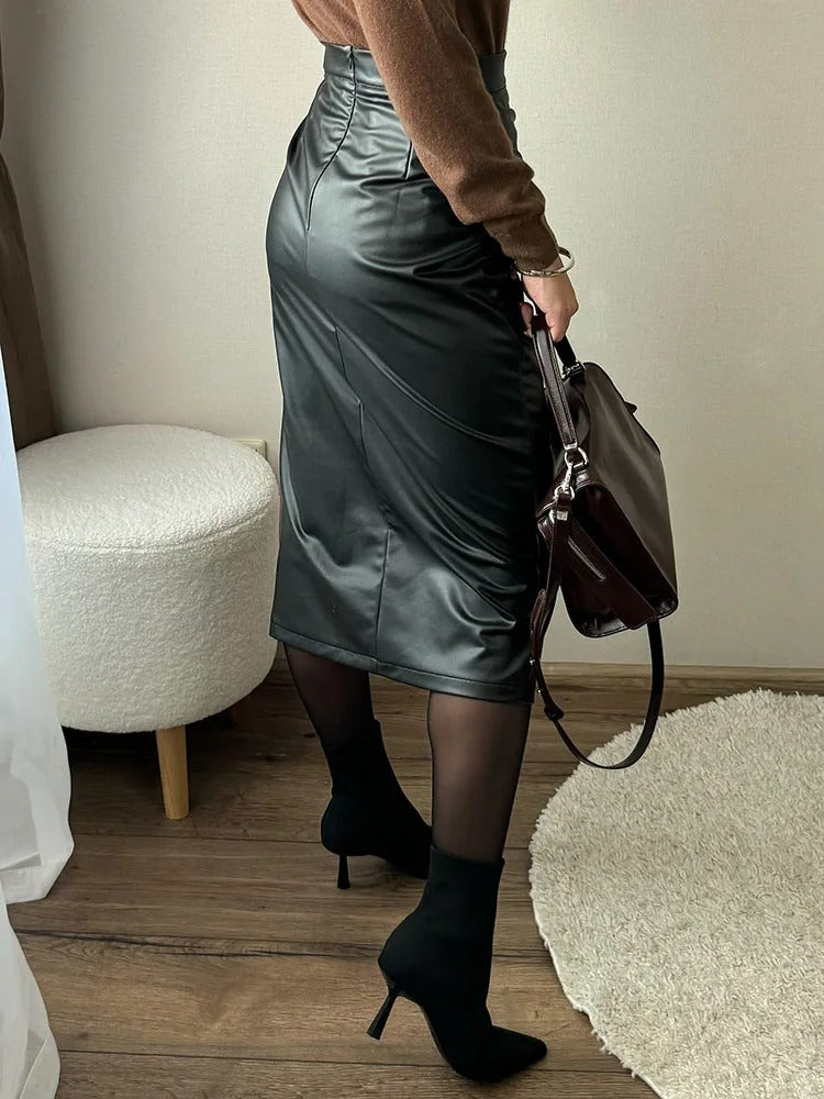 Midi-rok in imitatieleer voor dames