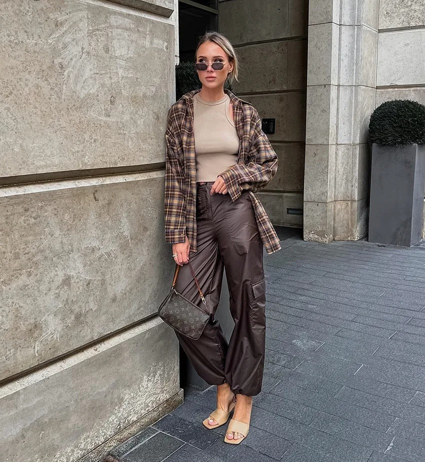 Vintage geruite damesblouse met lange mouwen